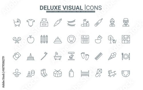 Childish bottle and pacifier, crib and diaper of toddler, toys of playground thin black outline symbols vector illustration. Baby child care and happy pregnancy, motherhood line icon set.