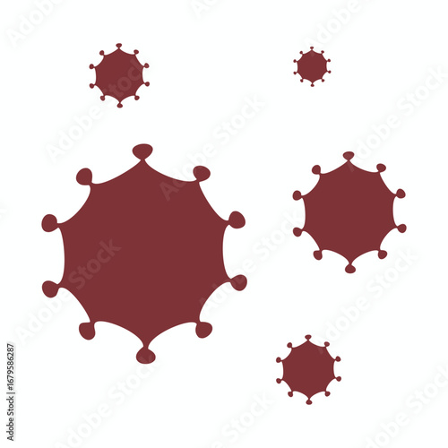 Abstract representation of microscopic viral particles or cells with spiky protrusions on a clean white background