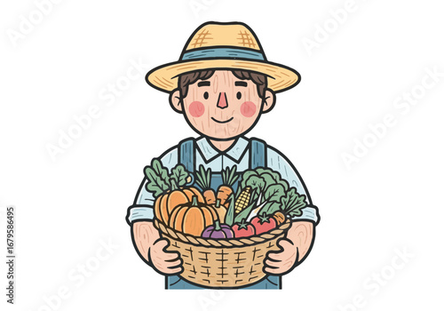 Smiling cartoon farmer holding a basket of fresh organic vegetables, celebrating harvest and healthy food production. Hand-drawn illustration.