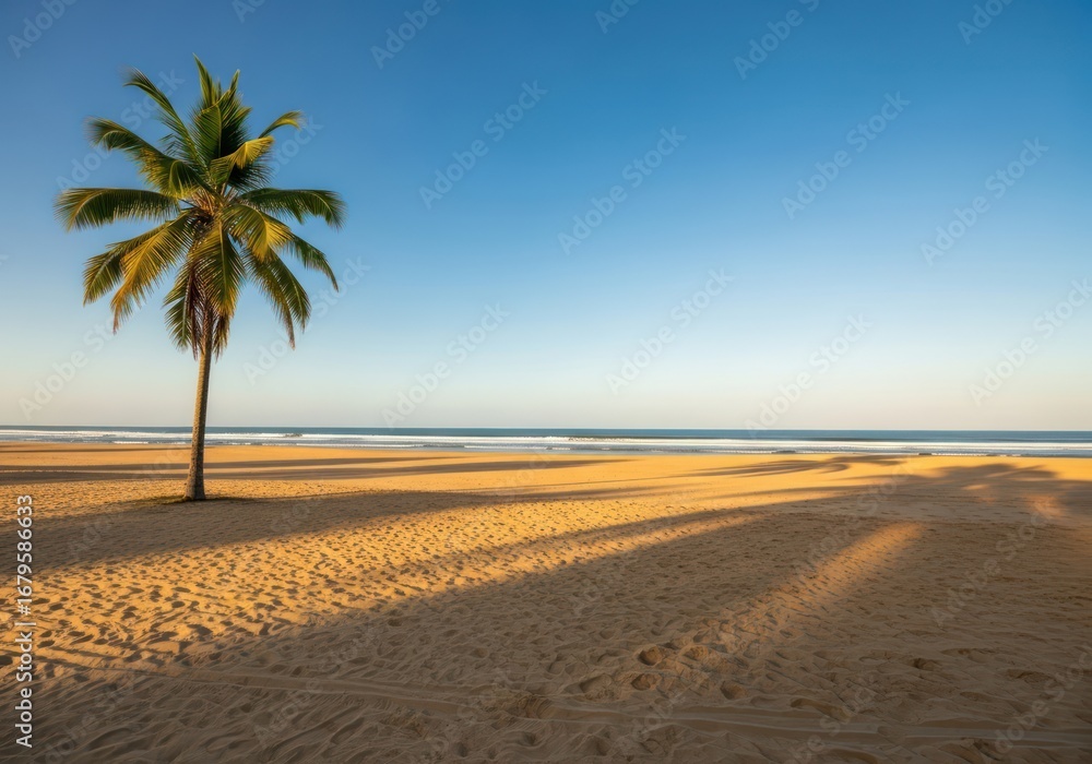 Fototapeta premium Serene tropical beach with solitary palm tree casting long shadows on golden sand vibrant sky