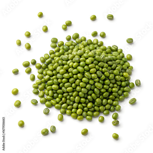 Split green moong dal isolated on a white background, perfect for cooking visuals, packaging, nutrition content