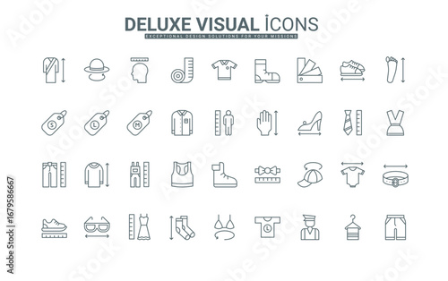 Tailors pictogram to measure circumference of human waist, chest and head, width and length of body and foot thin black outline symbols vector illustration. Clothes size guide line icons set.