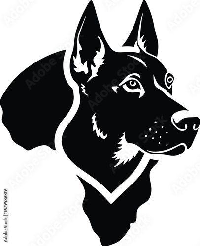 Vector art of striking black and white vector graphic of a german shepherd dogs head in profile, showcasing its alert expression and distinctive markings, isolated on a