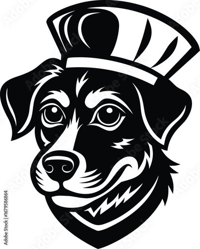 Vector art of charming black and white vector illustration of a dogs head wearing a chefs hat, with a friendly expression, isolated on a