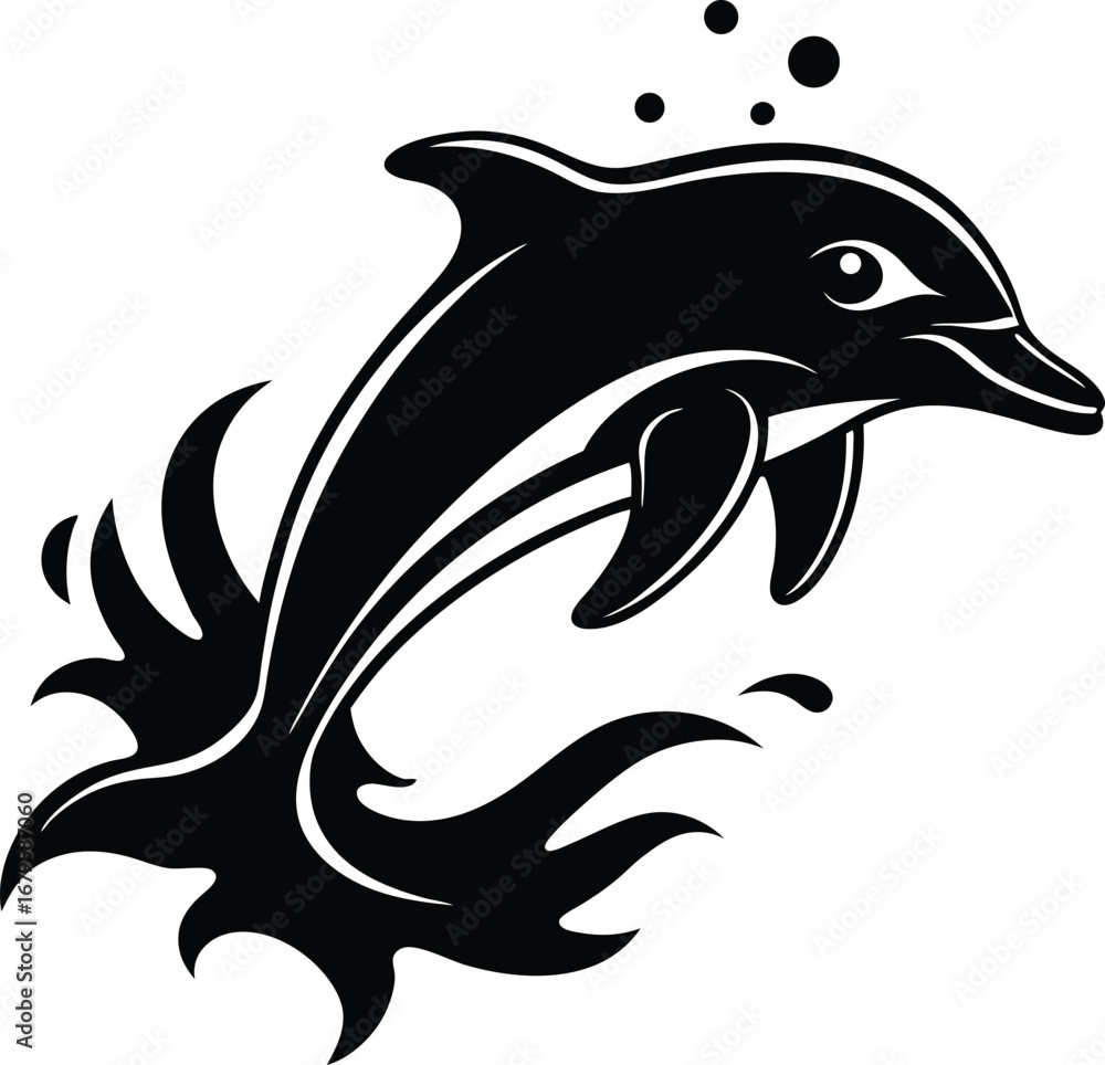Naklejka premium Vector art of a dynamic black and white graphic of a dolphin emerging from splashing water, isolated on a