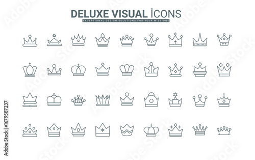 Classic luxury royal sign of king and queen, princess and prince, medieval emperor and empress thin black outline symbols vector illustration. Crowns, wealth and authority line icons set.