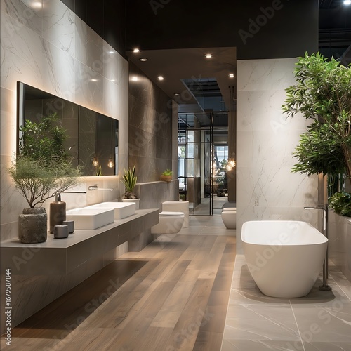 A luxurious modern showroom interior showcasing large porcelain tiles sizes 2x4 ft 3x6 ft on floor and walls with elegant wooden laminated floor planks in rich