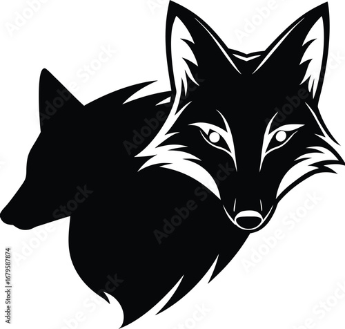 Vector art of artistic black and white illustration featuring two stylized foxes, one prominent and alert, the other partially visible