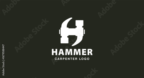 Creative white hammer and letter H logo design for carpentry or construction business.