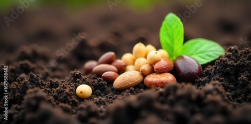 Close-up of diverse seeds nestled in rich, dark soil, ready for planting Perfect for gardening, agriculture, spring, and growth themes High-resolution image with vibrant colors , planting, rich