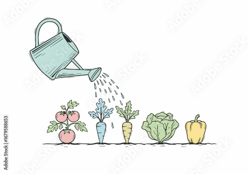 Organic Garden Growth: Hand-drawn watering can nurturing fresh vegetables like tomatoes, carrots, cabbage, and pepper plants.