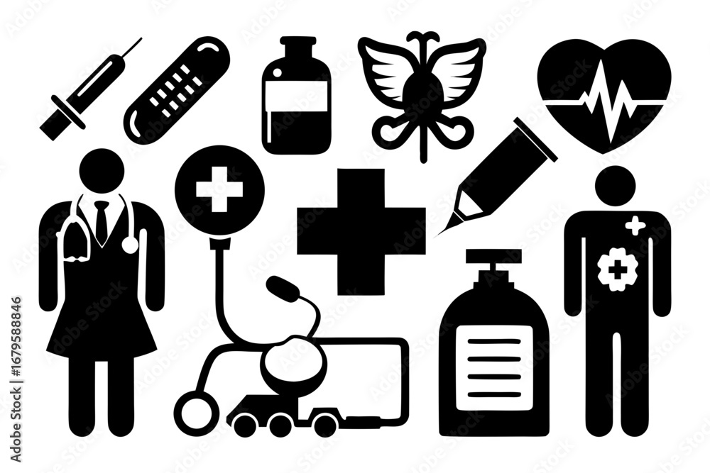 Fototapeta premium Medical & Healthcare Line Icon Set Black Silhouette Vector Illustration