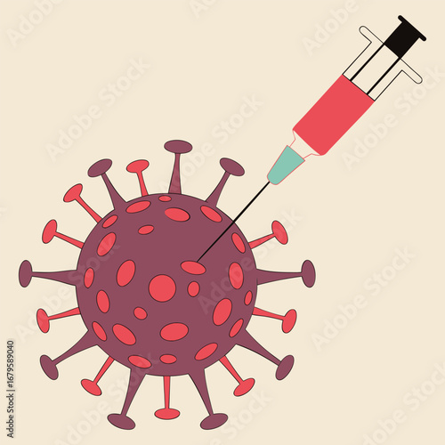 Syringe injecting vaccine into a stylized coronavirus particle representing vaccination and disease prevention