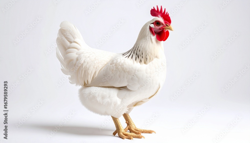 White Chicken Isolated on Clean White Background with Black-Tipped Neck Feathers White Chicken Isolated on Clean White Background with Black-Tipped Neck Feathers
