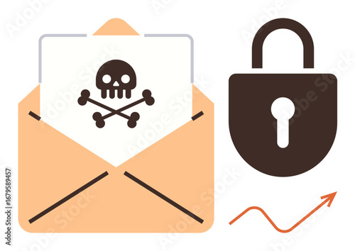 Open envelope with skull icon signifying email virus threat, paired with a padlock and upward arrow symbolizing cybersecurity. Ideal for online safety, data protection, hacking warning, IT security