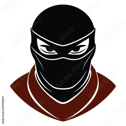 Stylized illustration of a stealthy ninja warrior with piercing eyes wearing a black mask and red scarf