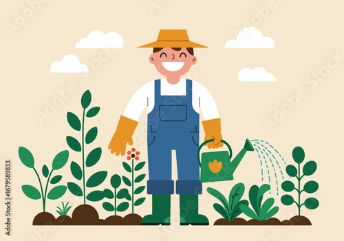 Happy Gardener Watering Plants in a Lush Garden.