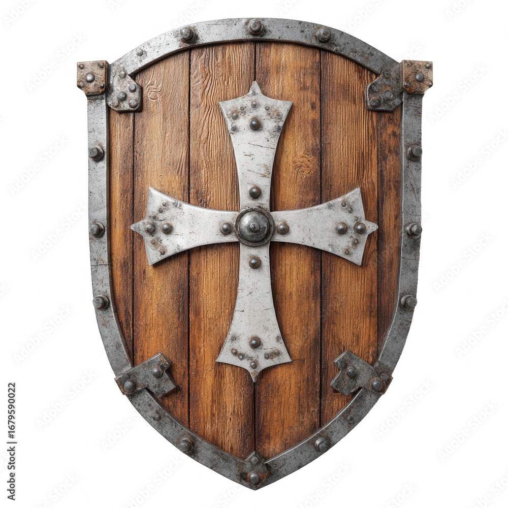 Fototapeta premium an old wooden medieval shield with a metal cross, jpeg, png, transparent