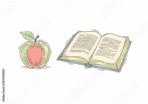 Educational illustration: Hand-drawn apple and open book representing knowledge, healthy food, and World Food Day concepts.
