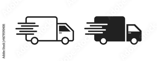 Fast delivery courier truck flat and line icons on white background. Vector illustration