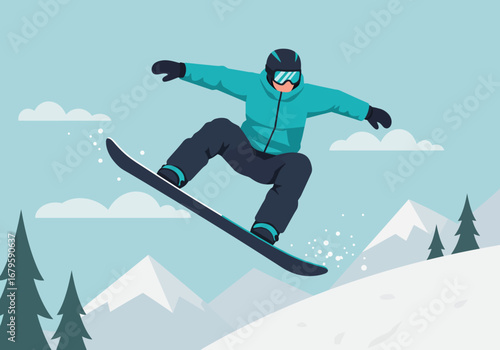 Snowboarder Mid-Air: Winter Sports Adventure in the Mountains.