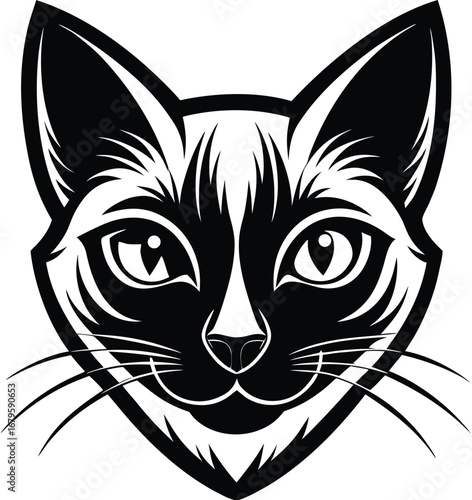 Vector art of stylized black and white illustration of a siamese cats face, , with sharp lines and a bold outline, capturing the felines intense gaze and prominent features