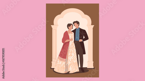 Beautiful Indian wedding couple vector illustration, radiating love and tradition in a charming pose against a decorative archway backdrop