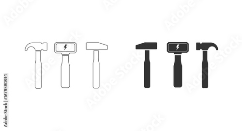 Six various hammer tool icons in outline and solid black silhouettes.