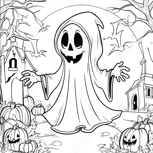 Halloween Ghost Coloring Page for Kids – Simple Black and White Cartoon Outline on White Background