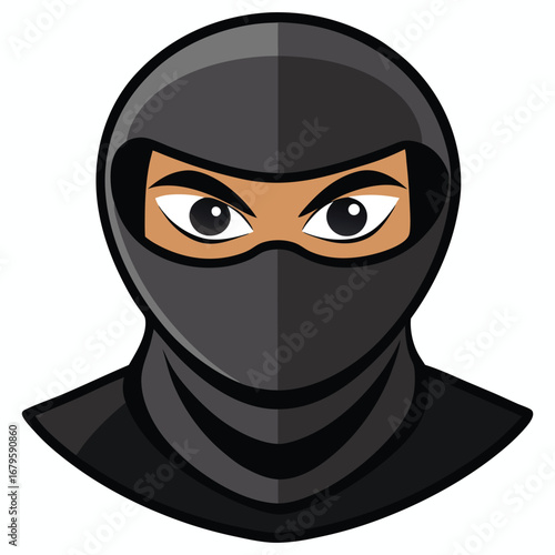 Determined ninja warrior with intense eyes wearing a black mask and hood ready for action
