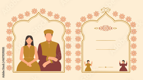 Beautiful Indian wedding couple vector illustration, perfect for creating elegant invitations and celebrating traditional South Asian matrimonial ceremonies with cultural charm