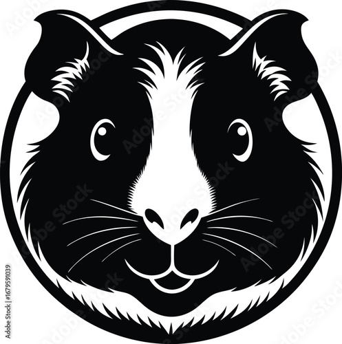 Vector art of charming black and white illustration of a guinea pigs face within a circle, , featuring large eyes and a friendly expression, suitable for various designs