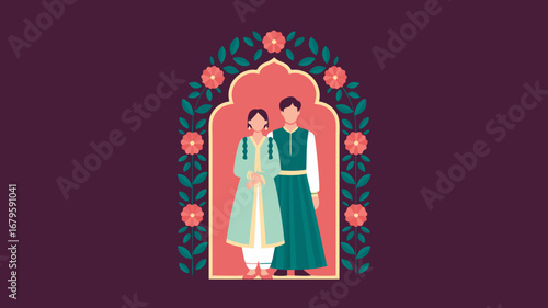 Vibrant Indian Wedding Couple Vector Illustration A Beautiful Representation of Love, Culture, and Celebration in Traditional Attire and Floral Arch