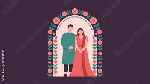 Elegant Indian Wedding Illustration Featuring a Bride's Henna Hands, Representing a Joyful Couple's Ceremony in a Modern Vector Art Style
