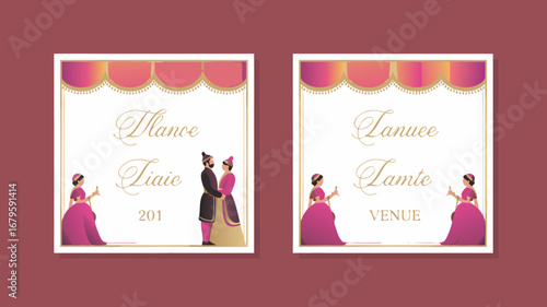 Elegant vector illustration portraying a traditional Indian wedding couple, ideal for culturally rich invitations and ceremonial event designs