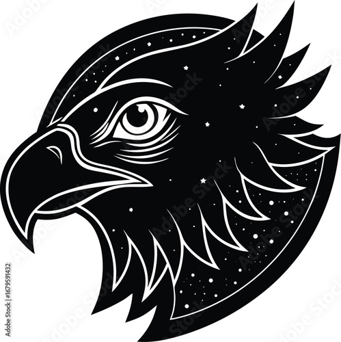 Vector art of a detailed black and white silhouette of an eagles head with a starry background texture within the shape, isolated on a