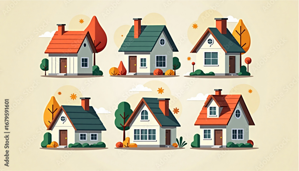 Fototapeta premium Collage of colorful house illustrations showcasing different designs in an autumn theme