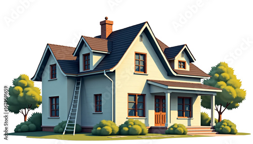 Stylized illustration of a cozy house with a ladder and lush greenery in a bright outdoor setting

