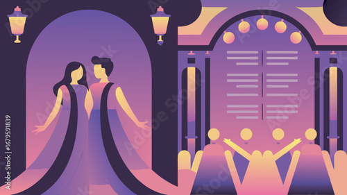 A vibrant vector illustration portraying a happy Indian wedding couple in traditional garments, celebrating their union with joyous festivities and cultural elegance