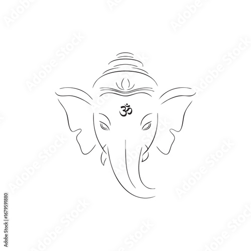 Minimalist Vector Illustration of Lord Ganesha in Black Line Art Style with Spiritual Iconography and Elegant Symmetry