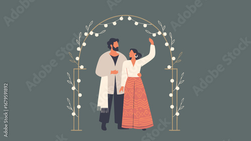 Joyful Indian wedding couple vector illustration, celebrating their special day under a charming arch adorned with festive lights, capturing love and cultural happiness