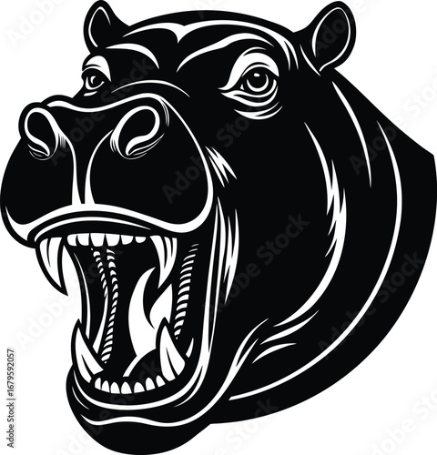 Vector art of fierce black and white illustration of a hippopotamus head with its mouth wide open, showing sharp teeth and a powerful jaw