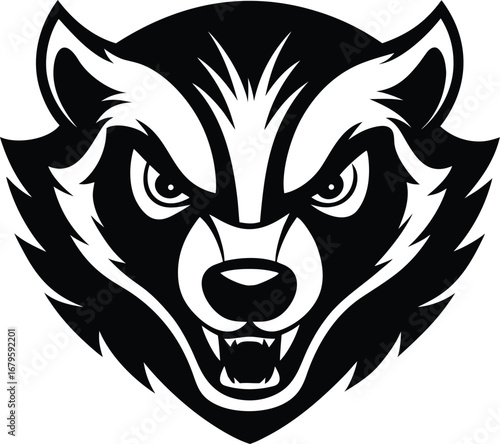 Vector art of intense black and white illustration of a badgers face with narrowed eyes and bared teeth, conveying aggression and a fierce expression