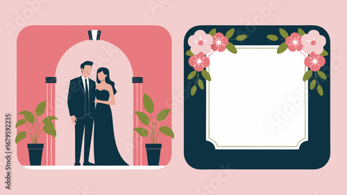 Elegant Indian wedding couple vector illustration embracing love and celebration under a beautifully adorned archway, perfect for invitations and romantic event designs