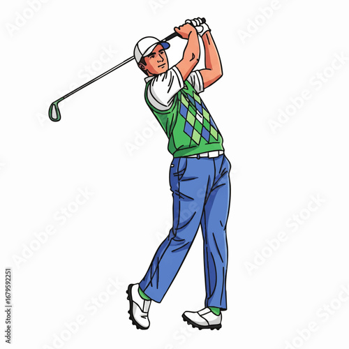Vector Illustration of Golfer Swinging in Modern Style with Detailed Human Figure and Golf Club