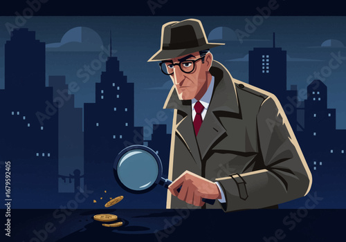 Detective Investigating Clues in City Illustration.