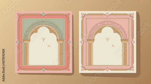Elegant Indian wedding invitation vector design featuring intricate arch patterns, perfect for a romantic couple's special day celebrations, showcasing cultural beauty and artistic flair
