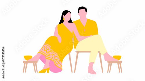 A vibrant flat vector illustration showcasing an elegant Indian wedding couple, seated in traditional attire, symbolizing their romantic journey and rich cultural celebration