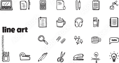 Hand Drawn Office Supplies and Stationery Illustration in Black and White Line Art Style for Creative Projects