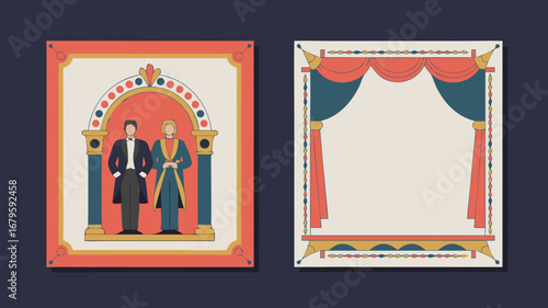Elegant Indian wedding couple vector illustration showcasing traditional attire and a decorative stage setting, perfect for invitations and cultural event designs